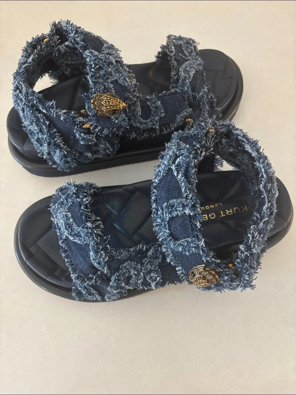 Kurt Geiger London Navy Frayed Denim Orsen Strap Sandals NWOT